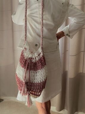 Handmade Pink and White Crochet Drawstring Shoulder Bag